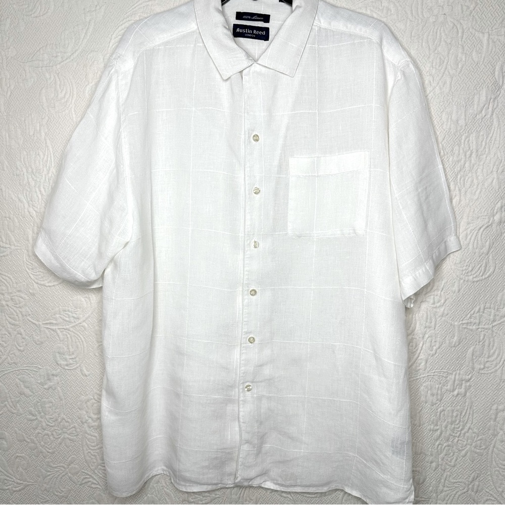 Austin Reed White Linen Grid Short Sleeve Shirt